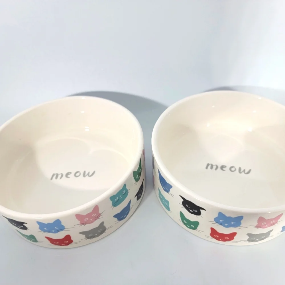 Fringe Studios California Set of 2 Cat-Themed Ceramic Bowls Colorful Cat Faces